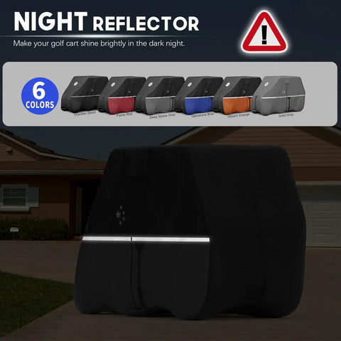 All Weather Golf Cart Cover For 2 Or 4 Passengers Fits EZGO Club Car Yamaha 420D Waterproof Windproof Sunproof Outdoor Full Cover Black Gray Heavy Duty UV Protectant with night reflector feature
