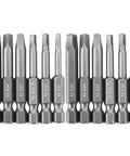 12 Piece One Quarter Inch Hex Shank Square Tip Bit Set With Magnetic Square Head Bits SQ5 SQ4 SQ3 SQ2.75 SQ2 SQ1, Made From S2 Steel, 50mm Length, Ideal For Pocket Hole Jig And Woodworking Projects.
