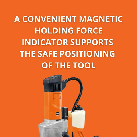 Pro Grade Magnetic Drill Unit With Reversible Electronic Speed Control For Up To Two And A Half Inch Annular Cutters showing magnetic holding force indicator.