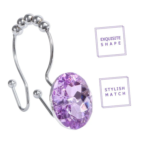 Purple Stainless Steel Shower Curtain Rings Set With Rust Resistant Double Hooks And Rhinestone Accent, Exquisite Shape
