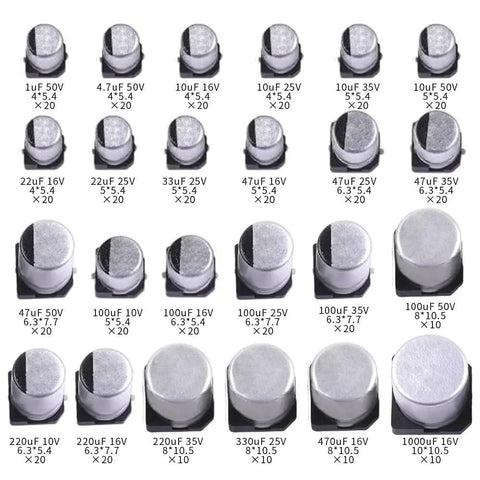 24 Values 430 Pcs SMD Aluminum Electrolytic Capacitors Assortment Kit With 10V 16V 25V 35V 50V Series Includes 1uF To 1000uF top view