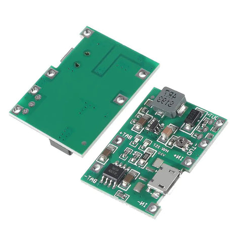 5 Piece 18650 Lithium Ion Battery Charger Module Kit with holder, detailed PCB layout, micro USB input for DIY projects.