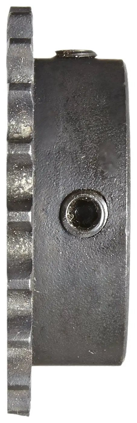 Side view of Heavy Duty Roller Chain Sprocket For Series 35 Chain 3/8 Pitch 20 Tooth 1 In Bore 2.593 In OD, showcasing setscrew details.
