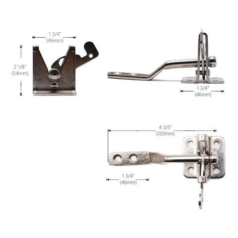 Tough As Nails Stainless Steel 304 Automatic Self Locking Gate Latch 20 Pack Satin Finish close-up with measurements and design details.