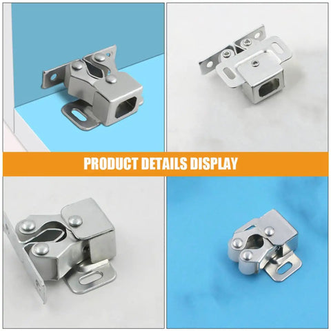 Stainless Steel Roller Catch Cabinet Latch Set 15 Pieces With Double Ball Catch Door Hardware displayed on blue background