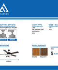 52 Inch Indoor Ceiling Fan With Light And Remote Control, reversible blades, mounting options, oil rubbed bronze finish display