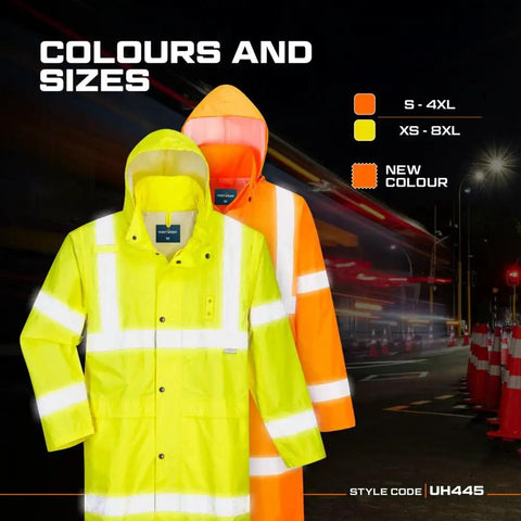 Long Men's Hi Vis Rain Jacket ANSI Class 3 Yellow With Reflective Strips Pack Away Hood Storm Flap Radio Loop Badge Holder Extra Long 122cm 4X-Large Worksite Ready displayed with orange variant.