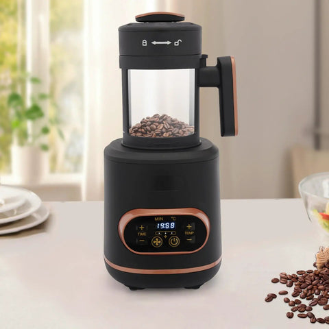 Absolute Game Changer Electric Coffee Bean Roaster With Smart Temperature Control And Three Fan Speeds 1500W Home Brewing Setup on kitchen table with coffee beans.
