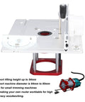 Heavy Duty Router Lift Base Featuring Precision Micro Dial Lifting System Kit And Reinforced Aluminum Insert Plate For Dialing In Your Router Table And Crushing Heavy Woodwork Jobs with micro dial and red base.