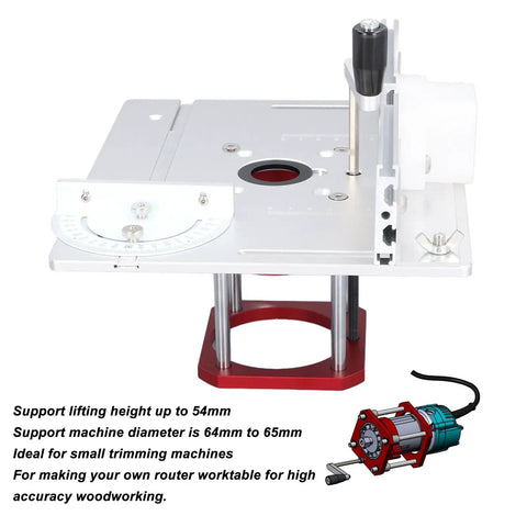 Heavy Duty Router Lift Base Featuring Precision Micro Dial Lifting System Kit And Reinforced Aluminum Insert Plate For Dialing In Your Router Table And Crushing Heavy Woodwork Jobs with micro dial and red base.
