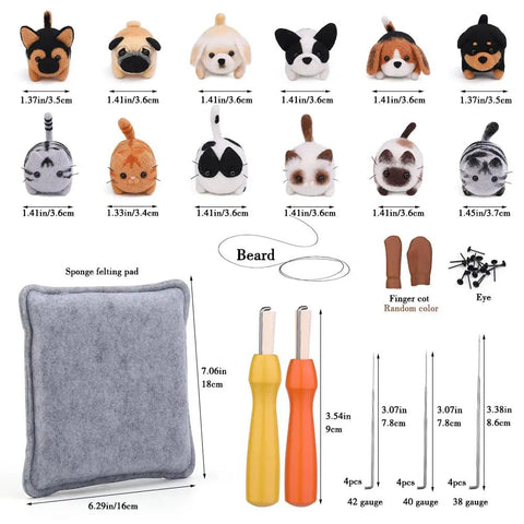 Needle Felting Kit For DIY Craft Lovers Dope 12 Piece Starter Set with felt mat, needles, tools, and animal figure components displayed.
