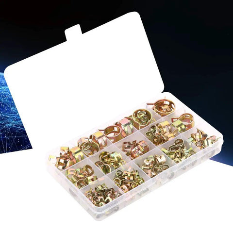 Rock Solid 115 Piece Hose Clamp Assortment Kit With Colored Zinc Plated Spring Clips For Water Tubes Air Pipes And Automotive Plumbing Fasteners That Are Durable Versatile And Perfect For Any Home Repair Job You Might Have, open organizer box with mixed zinc-plated hose clamps