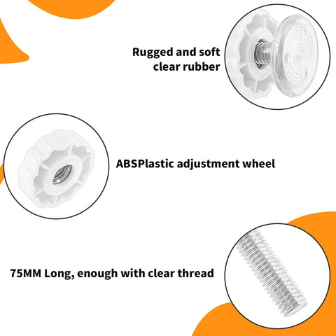 Heavy Duty M10 Threaded Spindle Rods For Baby Safety Gates 4 Pack White Replacement Mounting Bolts clear rubber adjustment wheel close-up