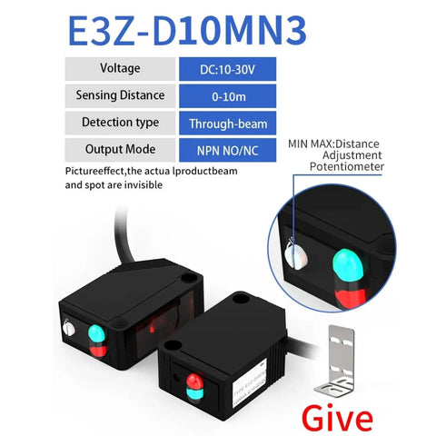 Through Beam Photoelectric Sensor With 5M Sensing Range, NPN Or PNP 10-30V DC, Square Photo Switch With Bracket, 3 Wire NO NC