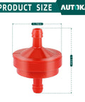 Heavy-Duty Lawn Mower Inline Gas Fuel Filter 1/4 Inch ID, 150 Micron Element shown in red plastic with size measurements.