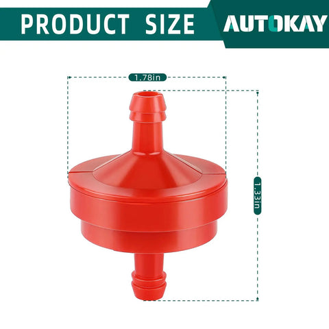 Heavy-Duty Lawn Mower Inline Gas Fuel Filter 1/4 Inch ID, 150 Micron Element shown in red plastic with size measurements.