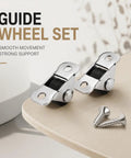 Eight Pack Of One Half Inch Rigid Caster Wheels With Compact Low Profile Design For Smooth Rolling On Desks And Furniture Includes Premium Hardware Pieces installed on a wooden surface.