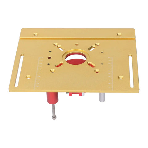 Heavy Duty Router Table With Crank Handle Lifting Kit And Game Changer Precision Woodworking Insert Plate top view, gold aluminum design, precise measurements.