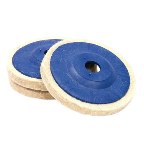 Heavy Duty 3 Pack Felt Wool Buffing Wheels For Angle Grinder, blue wool discs with outer size of 10cm and bore of 1.6cm.