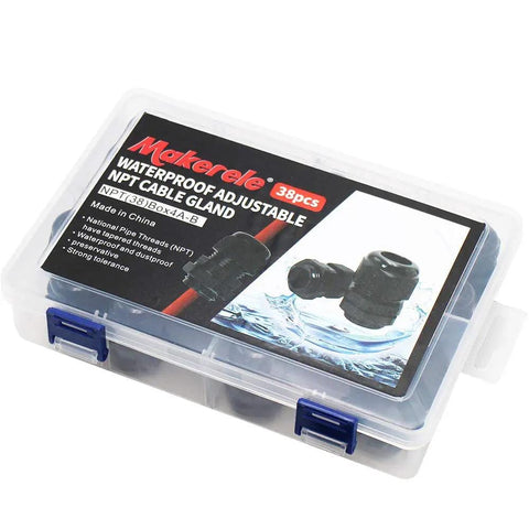 Plastic box of Heavy Duty Waterproof NPT Cable Glands Kit All In One 38 Piece Nylon Strain Relief Connectors for outdoor use