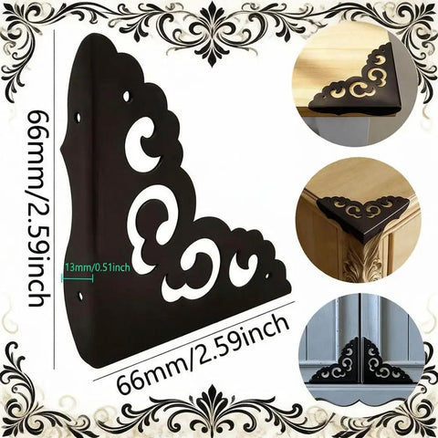 Solid As A Rock Metal Corner Protectors For Furniture Featuring Dope Vintage Floral Accents Seriously Rust Resistant Heavy Duty Edge Guards Keep Your Gear Safe On Boxes Doors And Tables In A Sweet Set Of Four, 2.59 inch black corner guard with floral design.