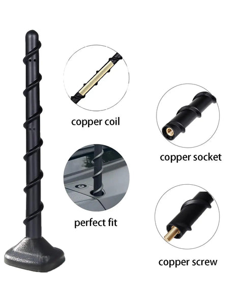 2 Pack Short Truck Antennas For Universal Fit On Ford F Series Ram Dodge Chevy Silverado GMC Sierra Toyota Tundra Tacoma Jeep Wrangler And More With Tire Valve Caps Included. Image shows antenna details like copper coil, socket, and screw.
