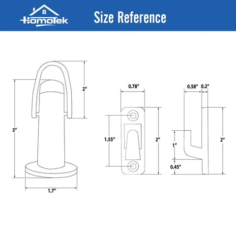 Dead Quiet Latch Hook Door Stopper With Slick Rubber Bumper And Sound Dampening Padding To Shield Walls And Keep Doors Chill Zinc Alloy Heavy Duty Black Pack size reference diagram with dimensions. 