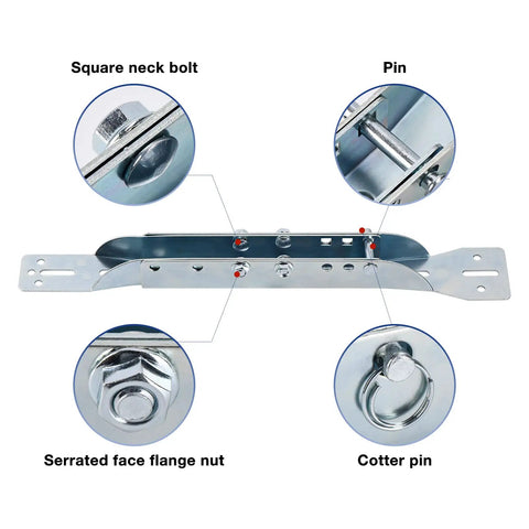 Two Pack Beefed Up Garage Door Reinforcement Brackets For Adjustable Openers Steel Zinc Plated Rust Resistant Heavy Duty Mounting Brackets Easy Install Fits Most Garage Doors And Openers shown with close-up details of components like bolts and pins