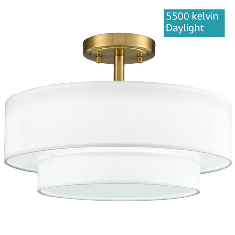 Dope Gold Drum Ceiling Light Fixture, semi flush mount LED lamp with 15 inch brass drum shade, 5500K daylight setting