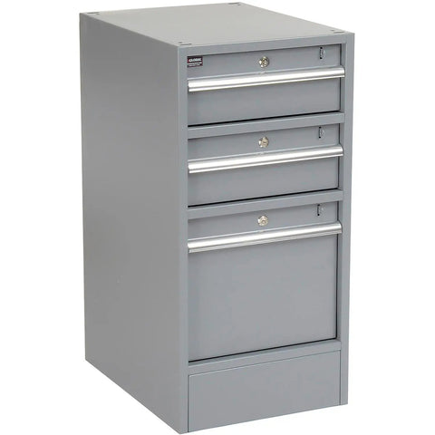 Heavy Duty Gray Pedestal Workbench Featuring Three Individual Locking Drawers Plus A Secure Bottom Cabinet solid steel storage unit