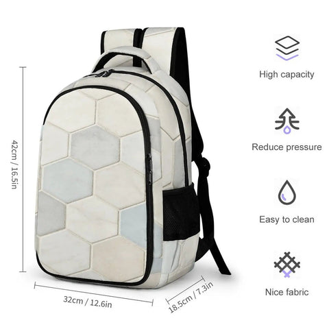 Neutral Marble Hexagon Tile Texture Printed Unisex Backpack With Large Capacity for Daily Use Durable Polyester Daypack