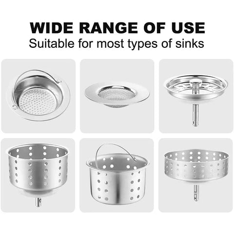 Wide range of sink strainers with universal fit for Disposable Kitchen Sink Strainer Mesh Bags 200 Pack Catch Food Waste and Leftovers.