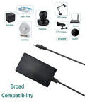 2 Pack 24V Power Supply Adapter for LED Strips and More showing compatibility with various electronics like cameras and routers.