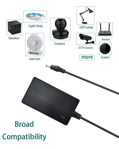 2 Pack 24V Power Supply Adapter for LED Strips and More showing compatibility with various electronics like cameras and routers.