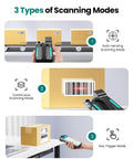 Bluetooth Barcode Scanner Wireless 2D 1D Back Clip Reader used in various modes: auto-sensing, continuous, and key trigger on boxes.