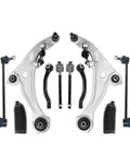 Front suspension control arm kit with two silver control arms and black curved arms, plus bolts, bushings, and boots.