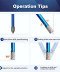 9-Piece dry diamond drill bits set: blue drill bit with diamond coating shown in an instructional tile drilling diagram.