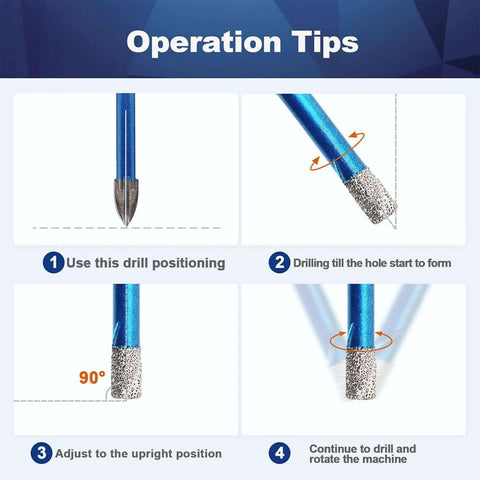 9-Piece dry diamond drill bits set: blue drill bit with diamond coating shown in an instructional tile drilling diagram.