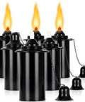 Torch Replacement Canisters For Bamboo Lanterns, Refillable Outdoor Torches, 16oz 6 Pack, showing lit flames and caps