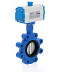 Heavy Duty 6 Inch Double Acting Pneumatic Butterfly Valve With Lug Mount And Quick Response Actuators showcasing blue cast iron body and stainless disc.