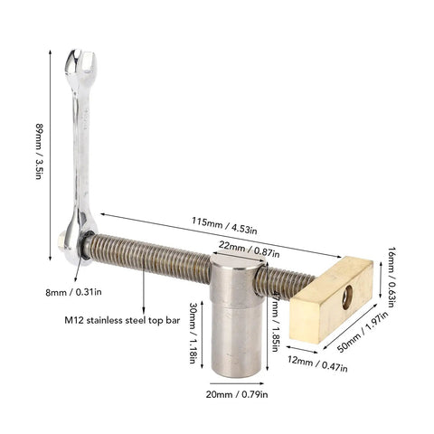 2 Pack Bench Dog Clamps For 20mm Or 7.9 Inch Holes, Stainless Steel Body With Brass Block Construction, side view with dimensions