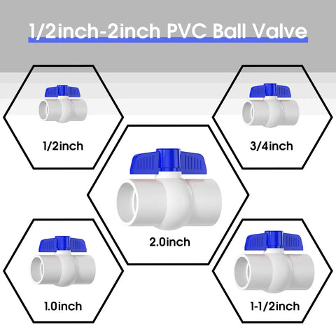 Various sizes of PVC ball valves with blue T-handles, including a Three Fourth Inch PVC Ball Valve With No Fuss Easy Turn Blue T Handle SCH40 Slip Socket.
