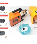 Heavy Duty Electric Dynamic Crimping Machine With Slick Cold Press Action And Hella Tough Steel Frame For Zero Stress Terminal Crimping On Active Job Sites Daily with various jaw sizes.