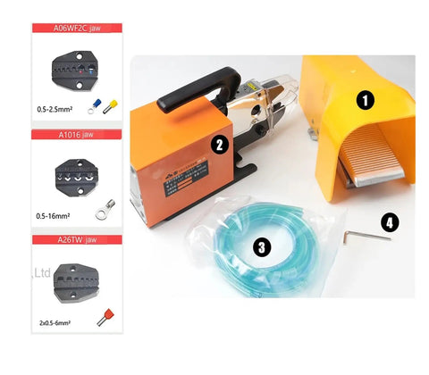 Heavy Duty Electric Dynamic Crimping Machine With Slick Cold Press Action And Hella Tough Steel Frame For Zero Stress Terminal Crimping On Active Job Sites Daily with various jaw sizes.