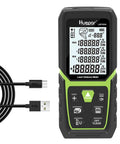 Laser Distance Measure 330 Ft With Li Ion Battery And Electric Angle Sensor, black and green device with USB cable on white.
