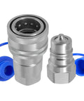Two silver hydraulic quick-connect couplers with blue dust caps, 1/2 in NPT, ISO 7241-A, Pioneer-style metal bodies