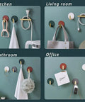 Decorative Wall Hooks Self Adhesive Heavy Duty Hanger Set for coats, hats, keys, purses, towels in use in various rooms.