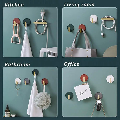 Decorative Wall Hooks Self Adhesive Heavy Duty Hanger Set for coats, hats, keys, purses, towels in use in various rooms.
