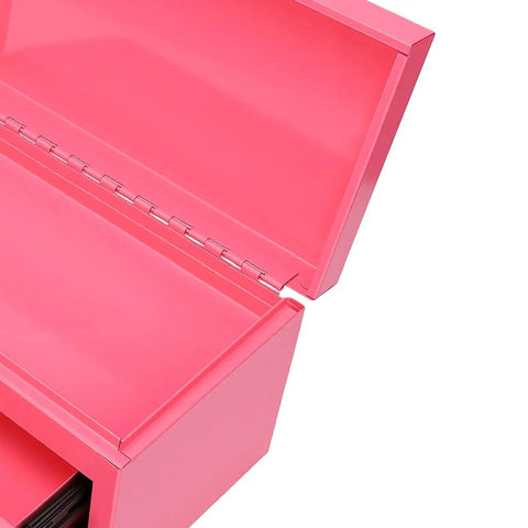 Pink Mini Toolbox Featuring Two Smooth Pullout Drawers And Heavy Duty Iron Frame Compact Portable Gear Case Rig Ready For Job Sites Craft Tables And Mobile Workshop Hella Tough, open view showcasing the interior.