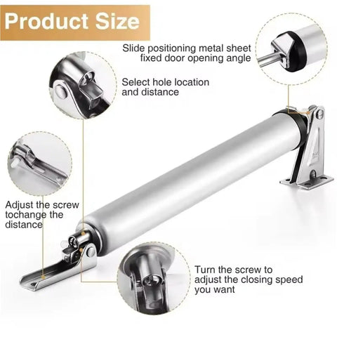 Wind-Resistant Heavy-Duty Door Closer 35Kg With Adjustable Speed, polished metal finish, component details, black